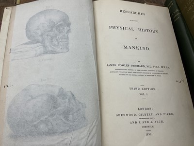 Lot 1302 - James Cowles Pritchard - Researches into the Physical History of Mankind, London, 4 volumes (1, 2, 3, 5), third edition, 1836-47, with handcoloured engravings, together with Discoveries and Adv...