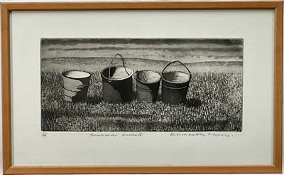 Lot 70 - Elizabeth Morris (Contemporary) etching and aquatint - Scrubbed Buckets, signed, 1/95, 14cm x 30cm, Gainsborough’s House exhibition label verso, glazed frame