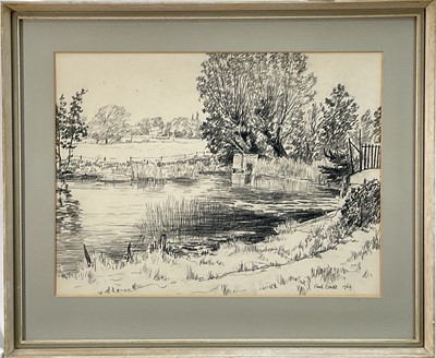 Lot 32 - Paul Earee (1888-1968) charcoal sketch - River bank, signed and dated 1960, 34cm x 45cm, glazed frame