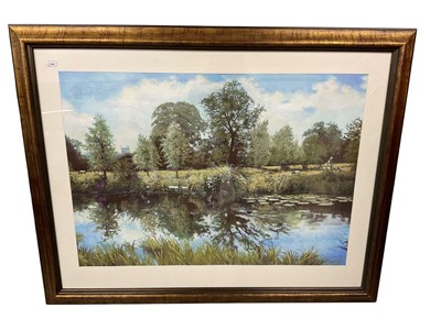 Lot 1105 - Brian Argent Smith (1937-2025) pastel. River bank with church beyond, signed, 83 x 116cm, glazed frame