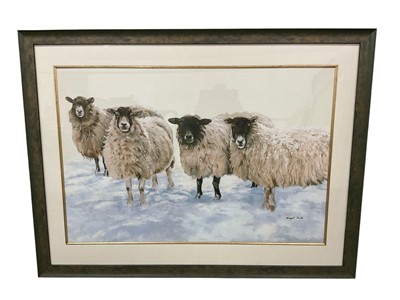 Lot 1109 - Brian Argent Smith (1937-2025) print on canvas board, four sheep, signed, 61 x 90cm, glazed frame