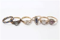 Lot 3464 - Six gold (9ct) gem set dress rings