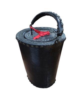Lot 5000 - Antique leather bucket / collection box with lid and lock with key