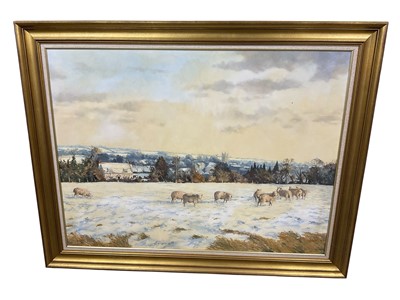Lot 1113 - Brian Argent Smith (1937-2025) oil on canvas, Sheep in winter landscape, 76 x 100cm, framed