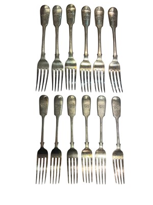Lot 83 - Six Georgian silver dinner forks (London 1824) and six Victorian silver dessert forks (London 1892), all with matching engraved monogram