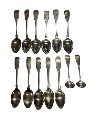 Lot 84 - Eleven Georgian silver teaspoons and pair of Georgian silver condiment spoons, all with engraved 'J' initials (Newcastle hallmarks)
