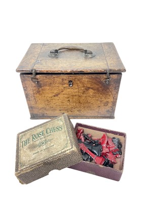 Lot 1922 - 19th century mahogany strong box, with surmounting handle, 21cm wide, housing an unusual vintage painted lead chess set
