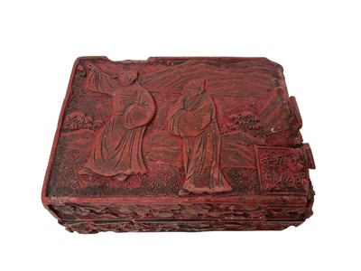 Lot 1777 - Antique Chinese cinnabar lacquer box and cover, rectangular form, the cover with figures and six character mark (possibly Hongwu), 11cm wide