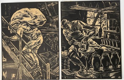 Lot 153 - Two woodcut prints, probably Eastern European, labourers -the Miller and the Potter, both monogrammed, 45cm x 34cm, unframed