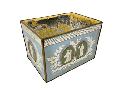 Lot 1877 - Late 19th / early 20th century ceramic planter, mounted with Wedgwood style four-colour jasperware classical plaques, 21cm wide