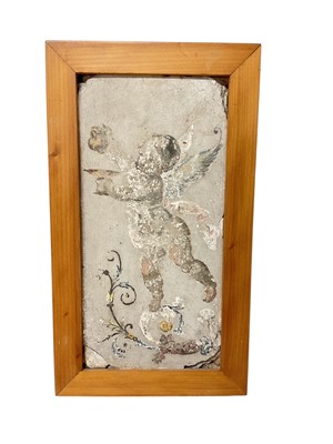 Lot 1879 - Classical probably Roman, painted fresco fragment, depicting a putto pouring wine, approximately 23 x 11cm, in modern pine frame with easel support
