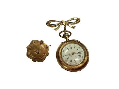 Lot 129 - Continental gold cased fob watch suspended from a 9ct gold bow brooch, together with a French gold seed pearl brooch