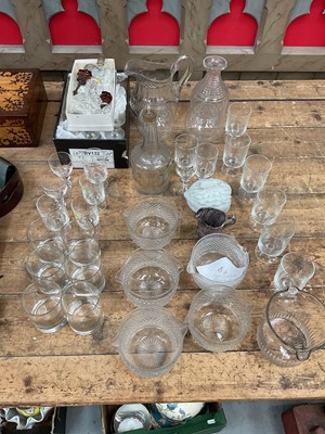 Lot 24 - Group of antique and later glassware, to include a Regency decanter, five cut glass ringers, etc