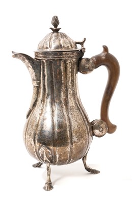 Lot 360 - Rare late 18th century Maltese silver coffee pot of baluster form, with fluted decoration, hinged domed cover with wrythen pyriform finial, and fruitwood handle