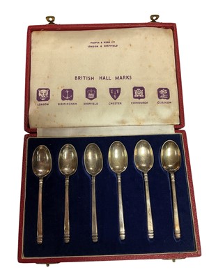 Lot 137 - Set of six Mappin & Webb 'British Hall Marks' silver teaspoons in fitted case
