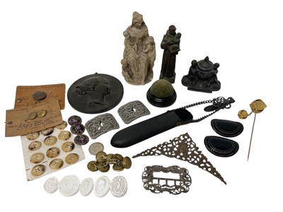 Lot 1884 - Collection of vertu items including buckles, buttons, bois durci plaque, figural inkwell, sculpture etc