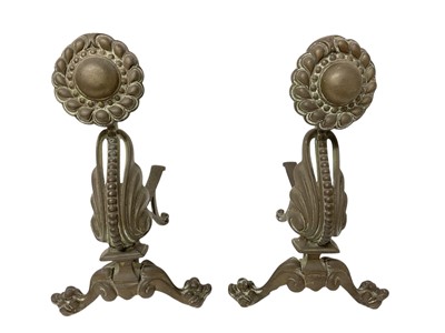 Lot 1886 - Pair of 19th century brass fire dogs, with boss terminals, 37cm high