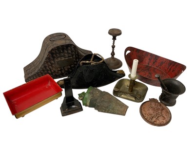 Lot 1887 - Collection of metalwares including 19th century tricorn hat box, early iron candlestick, pestle and mortar and other items