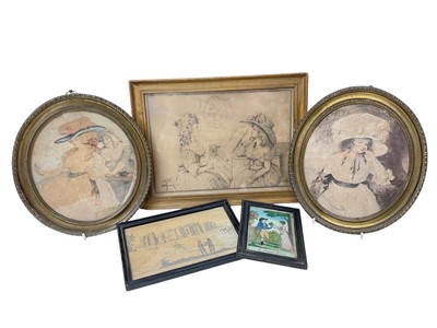Lot 1890 - Group of 18th century engravings, including pair of female subjects in oval gadrooned brass frames, 25 x 21cm, 3 various others