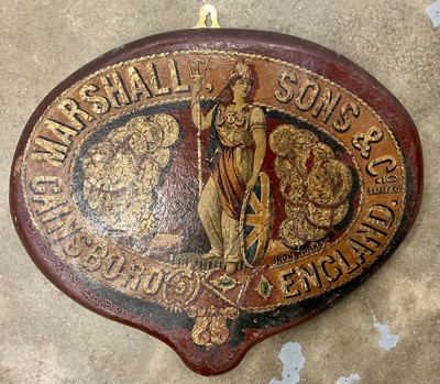 Lot 1893 - Early 20th century advertising plaque, emblazoned with printed emblem for the engineering firm Marshall Sons & Co of Gainsborough, manufactures of traction engines, 46cm wide