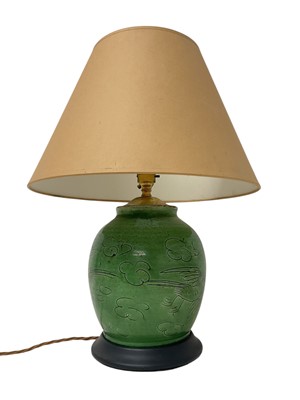 Lot 1897 - Chinese green glazed ginger jar, converted to a lamp, with incised ornament, 24cm high, with shade