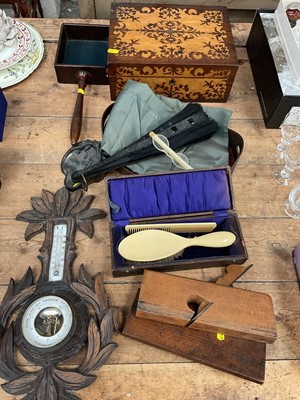 Lot 23 - Sundry items, including a Victorian inlaid workbox, fans, carved barometer, 19th century alms box, a metal inkwell case with two lizards, etc