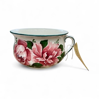 Lot 13 - Wemyss style chamber pot painted with roses, marked 'T. Goode & Co London Ye Olde English' to base, 26.5cm across including handle