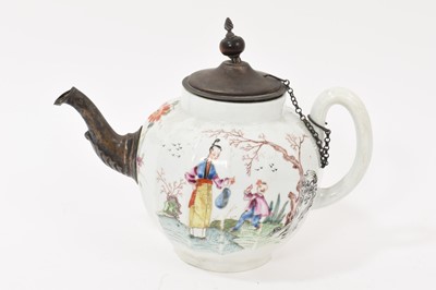 Lot 203 - Worcester teapot, circa 1755, polychrome painted with the Beckoning Chinaman pattern, with replacement spout and cover, 21.5cm from spout to handle