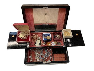 Lot 901 - Jewellery box containing small group of vintage costume jewellery including 9ct gold back and front locket and yellow metal chain
