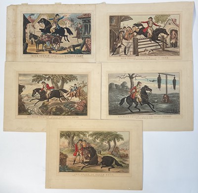Lot 154 - Dick Turpin and Black Bess, series of five hand-coloured engravings published 1836-1837 by J. L. Marks, Smithfield, London, 15cm x 26cm, unframed