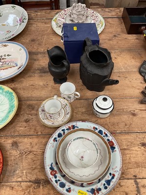 Lot 22 - Group of ceramics, including 18th century Chinese porcelain, two French porcelain coffee cups and saucers, basalt teapot and jug, etc