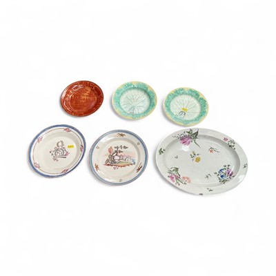 Lot 21 - Group of 19th century pearlware ceramics, including a floral painted oval dish, a Davenport orange transfer printed plate, to Wedgwood cabbage leaf dishes, and two similar plates, including one...