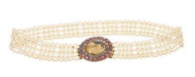 Lot 596 - Cultured pearl chocker with a Georgian garnet and paste clasp