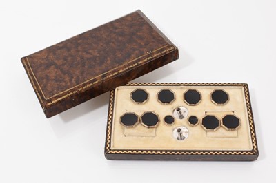 Lot 728 - Set of Art Deco silver and black onyx octagonal dress studs and cufflinks with 14ct white gold borders, in a fitted leather case