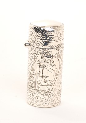 Lot 418 - Victorian silver smelling salts bottle with engraved decoration in the manner of Kate Greenaway