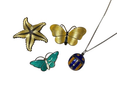 Lot 10 - Group of Norwegian silver and enamel jewellery to include David Andersen blue and yellow beetle pendant on chain, Ivar T. Holth yellow starfish and yellow butterfly brooch and Aksel Holmsen turq...
