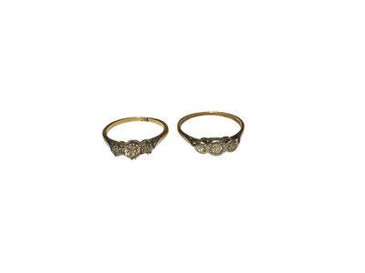 Lot 14 - 18ct gold diamond three stone ring and one other diamond three stone ring in illusion setting on yellow metal shank (2)
