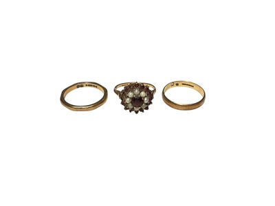 Lot 15 - 9ct gold garnet and seed pearl cluster ring, together with two 9ct gold wedding rings (3)