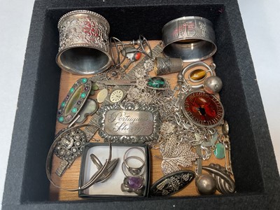 Lot 19 - Group of silver and white metal jewellery including various chains, pendants, gem set rings, silver Accurist ladies' wristwatch, silver 'Portuguese Sherry' label, two napkin rings etc
