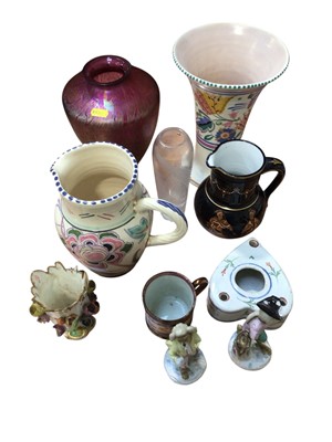Lot 5023 - Royal Brierley iridescent glass vase, together with a Poole vase, Honiton jug, faience heart-shaped inkwell, two Dresden monkey band figures, etc