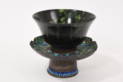 Lot 994 - Chinese carved spinach jade bowl and Tibetan enamelled white metal stand