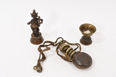 Lot 993 - Tibetan copper and brass snuff bottle, a small figure and a stem cup
