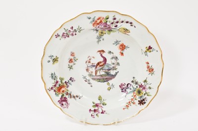 Lot 231 - Chelsea deep plate, painted with birds and flowers, circa 1758-60, gold anchor mark