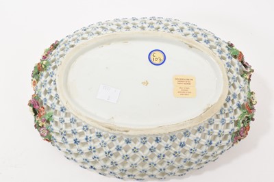 Lot 49 - Chelsea large oval two handled basket, painted with fruits, circa 1760