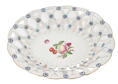 Lot 220 - Chelsea pierced oval basket, painted with fruits, circa 1760