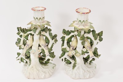 Lot 57 - Pair of Derby ‘birds in branches’ candlesticks