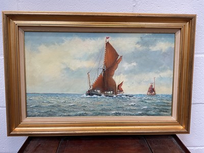 Lot 5177 - Colin Moore, 'Up Swim', oil on canvas of a barge off the old Maplin Lighthouse