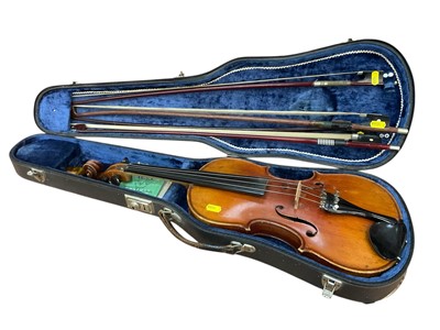 Lot 2738 - Antique violin, with four bows, in case
