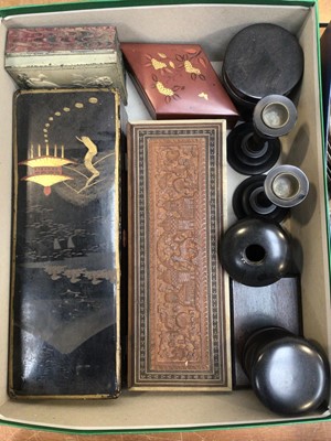 Lot 5043 - Silver plated candelabra, plated salvers, plated cutlery, various antique boxes, two Chinese ginger jars and sundries