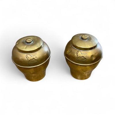 Lot 285 - Pair of Liptons 'British Empire Exhibition 1925' brass tea canisters, pair Victorian cast iron dogs, copper kettle and metalwork